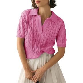 Womens Short Sleeve V Neck Sweaters Cable Knit Collared Pullover Sweater 2024 Trendy Comfy Polo Shirts