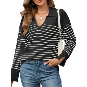 Moreone Women's Striped Sweaters V Neck Long Sleeves Knitted Casual Pullovers Jumper Tops Shirt Tops
