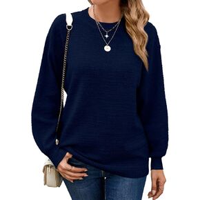 Sucolan Navy Blue Pullover Sweaters for Women Fall 2024 Long Sleeve Knit Tops Oversized Pullover Sweater Dressy Casual L