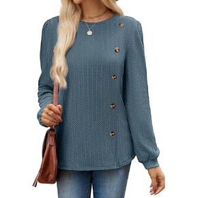 JUSTFASHIONNOW Womens Lightweight Sweater Crew Neck Casual Blouses Tunic Tops Buttons Side Slit Long Sleeve Shirts