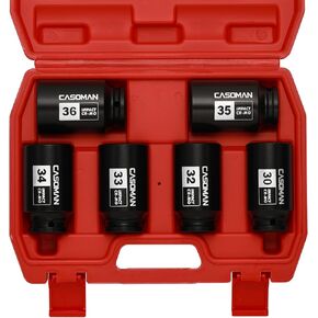CASOMAN 1/2- Inch Drive Deep Spindle Axle Nut Impact Socket Set, 6-Piece 1/2" Dr. Deep Impact Socket Set,6 Point, CR-MO, Metric, Impact Grade, 30mm, 32mm, 33mm, 34mm, 35mm, 36mm
