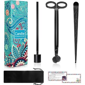 4 in 1 Candle Accessories Kit, Professional Candle Wick Trimmer, Candle Snuffer and Candle Wick Dipper with Velvet Pouch, Direction Card- Gift Package for Candle Lovers (Black)