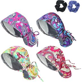 4 Pcs Scrub Caps for Women,Nurse Satin Surgical Hat Adjustable Working Cap Ponytail Holder with Buttons and Sweatband