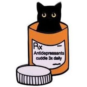 Black Cat Medicine Bottle Enamel Lapel Pin Antidepressants Cuddle 3X Daily Cat Kitten Support Love