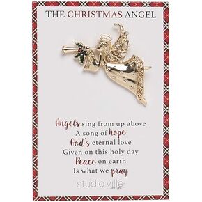 Transpac Angel with Trumpet Gold Tone 2 inch Alloy Metal Christmas Brooch Pin with Card