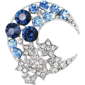 Crescent Moon Brooch Pin Pearl Brooches Full Crystal Moon Brooches Sparkling Half Moon White Pearl Pins Rhinestone Moon Stars Brooch Pin Corsage Clothes Ornaments Jewelry Gifts (blue)