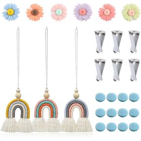 3 Pcs Macrame Boho Rainbow Charm with 6 Pcs Daisy Flower Air Vent Clips Car Air Fresheners Car Accessories Decor for Car Interior