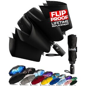 TUMELLA Strongest Windproof Reversed Travel Umbrella, Small Strong but Light Portable and Automatic Folding Rain Umbrella, Durable Premium Grip, Fits Car & Backpack