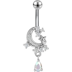 14G Surgical Stainless Steel Dangle Belly Button Rings for Women Belly Ring Dangling Piercing Jewelry with Heart Flower Butterfly Little Bear bat snowflake moon planet zircon Tone