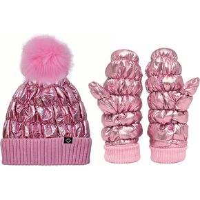 Funky Junque Matching 2 Pack Women's Puffer Faux Fur Pom Pom Beanie & Mittens - Pink
