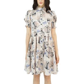 Womens 2025 Floral Midi Dresses Ruffle Empire Waist Elastic Short Sleeve Knee Length Button Closure Casual
