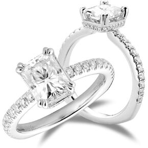 DovEggs Radiant Cut Moissanite Engagement Rings for Women Center 2ct 6X8mm G-H-I Color Moissanite Euro shank Hidden Halo 14K Gold QUALITY Sterling Silver Anniversary Wedding Ring