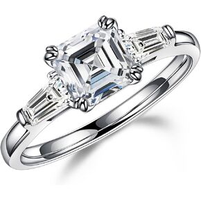 MOOSEA 1.5ct Asscher Cut Moissanite 3 Stone Rings for Women, D Color VVS1 Clarity Lab Created Moissanite Rings 14K White Gold Vermeil Double Claw Moissanite Engagement Rings for Women Gifts