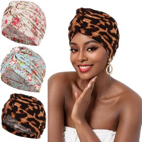 XEPST 3 PCS Chemo Headwear for Women, Pleated Chemo Cancer Headscarf Floral Print Turban Beanie Hat Elastic Cancer Hats Head Coverings Head Wraps Cancer Headwear for Women Chemo Hair Loss Sleep Cap