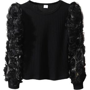 Kids Girls Cute Floral Ruffle Long Sleeve Crew Neck Solid Knit Loose Casual Tops Blouse Shirts
