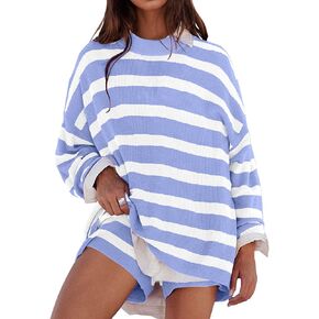 SAFRISIOR Striped Lounge Sets for Women 2 Piece Oversized Outfits Long Sleeve Tops and Shorts Sweater Pajama Set