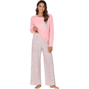 Vrtige Women's 2 Piece Pajamas Long Sleeve Top and Striped Pants Loungewear PJ Set Sleepwear