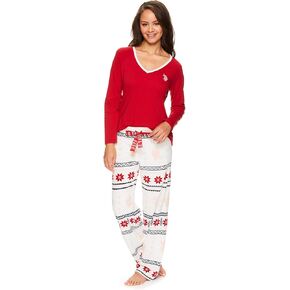 يو اس بولو اسن. طقم ملابس نوم نسائي كاجوال بأكمام طويلة وسروال بيجامة، أحمر X-Large in Kuwait