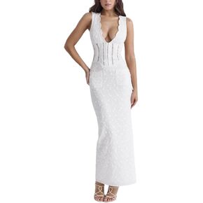 OCUH White Maxi Dress Sleeveless V Neck Lace Patchwork Slim Fit High Waisted Summer Vacation Strapless Dress for Women