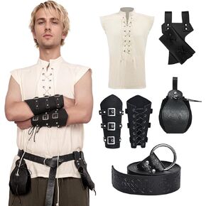5 Pcs Men's Renaissance Shirts Medieval Pirate Shirt Viking Costume Leather Arm Guards and Belt Accessories