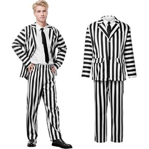 Black and White Striped Suit Scary Halloween Costumes for Men Horror Movie Halloween Outfits