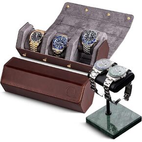 Genuine Leather Watch Case (Brown/Grey) and Watch Stand (Green/Black/Black)