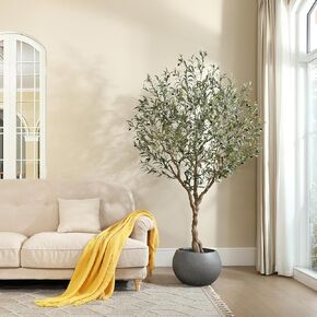 LOMANTO Olive Trees Artificial Indoor, 7Ft Artificial Olive Plants, Tall Faux Olive Tree, Fake Topiary Silk Tree in Pot with Olive Branch & Fruit, Home Office Modern Decor Gift for Housewarming 1Pack