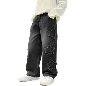 Boy's Pull On Jeans Cute Star Baggy Denim Pants Elastic Waist Straight Wide Leg Jeans for Teen Boys 8-14 Years