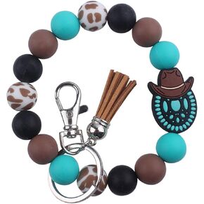 Silicone Beaded Turquoise Bracelet Keychains, Cowboy Bull Key Ring Keychain Wristlet Bangle Car Key Holder for Women