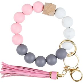 Bracelet Keychain for Women Silicone, Beaded Key Wristlet Cute, Llaveros Para Mujer Car Key Holder with Leather Tassel