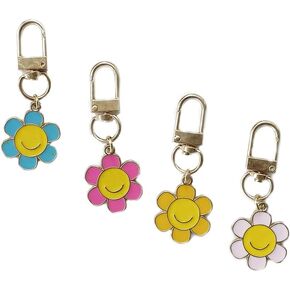 Happy Face Flower Keychain 4pcs Happy Expression Sunflower Blue White Pink Blue Key Chain Car Key Ring Pendant for Women Purse Backpack Handbag Accessories