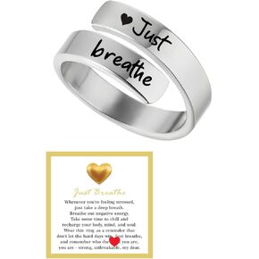 Just Breathe Open Ring for Women, Dainty Engraved Heart Stainless Steel Ring Trendy Silver Inspirational Self Love Ring Healing Jewelry Best Friend Gift