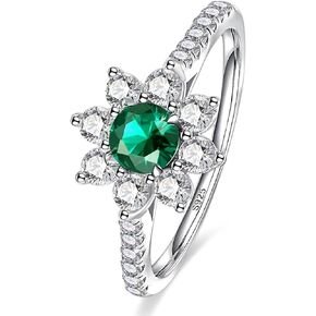 Women Emerald Flower Ring 925 Sterling Silver Women Engagement Ring White Gold Plated Emerald Floral Ring Paved Halo Cubic Zirconia Emerald Jewelry Band Width 1.8mm Size 5-9