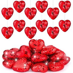 24 Pcs 24 Pcs Valentine's Day Heart Hanging Ornaments for Tree Disco Balls Mirror Disco Ball Decor Baubles Plastic Heart Decoration for Valentine's Day Wedding Party Supplies (Red)