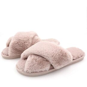 The Season Essentials U-slide Women’s Cross Band Soft Plush Fluffy Furry Fleece House Indoor or Outdoor Ladies’ Slide Slippers (Powder Pink, Large/9-10)