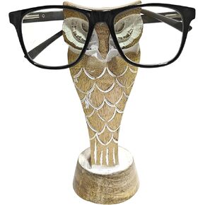 Wooden Owl Shaped Sunglasses Holder Stand Display Rack for Eyeglass , Eyewear Retainer-Sunglasses, Spectacle Frame, with Owl Shape, Home Office Desktop Decor (Burn White)