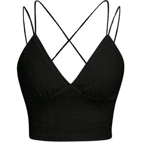 OYOANGLE Women's Criss Cross Back Cami Top Spaghetti Straps V Neck Textured Camisoles