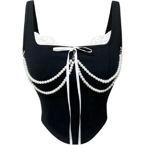 MakeMeChic Women's Contrast Lace Bow Knot Beaded Chain Asymmetrical Hem Summer Tank Top