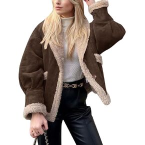 Flygo Women's Winter Faux Suede Jacket Sherpa Lined Jacket Button Down Lapel Fleece Jacket Winter Coats with Pockets(Coffee-M)