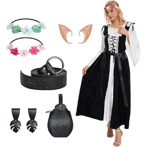 7Pcs Medieval Renaissance Women's Dress Victorian Costume with Fairy Wreath Belt Waist Bag for Halloween Party