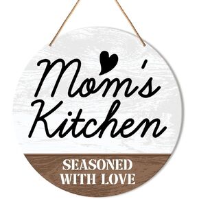Mom Kitchen Sign Decor for Wall, Kitchen Hanging Sign Decor Farmhouse Wall Decoration Wood Sign for Dining Room, Mother's Day Birthday Christmas Gift for Mother Mum, Seasoned with Love