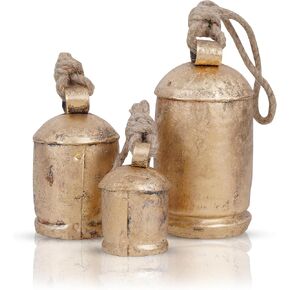 3 Pc Giant Harmony Cow Bells Rustic Handmade Decorative Vintage Hanging Bells with Jute Rope (Gold Rustic, Large)