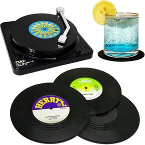 Funny Retro Vinyl Record Coasters, Creative Drink Coasters Set of 6 with Vinyl Record Player Holder for Music Lovers, Housewarming Hostess Gifts, Birthday and White Elephant Gifts Ideas