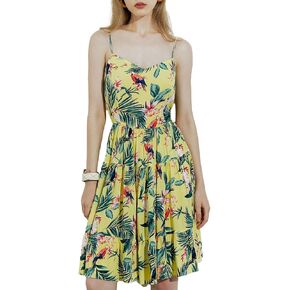 Womens 2025 Summer Mini Dresses Floral Spaghetti Straps Back Tie Tropical Print Scoop Neck Flowy Swing Casual