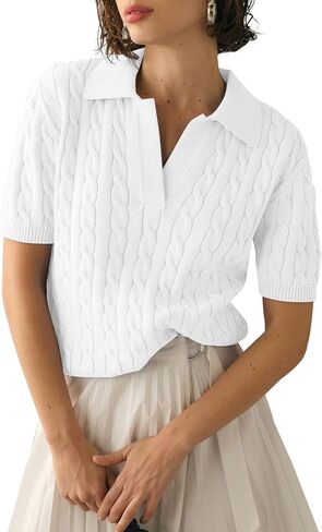 Womens Short Sleeve V Neck Sweaters Cable Knit Collared Pullover Sweater 2024 Trendy Comfy Polo Shirts in Saudi Arabia