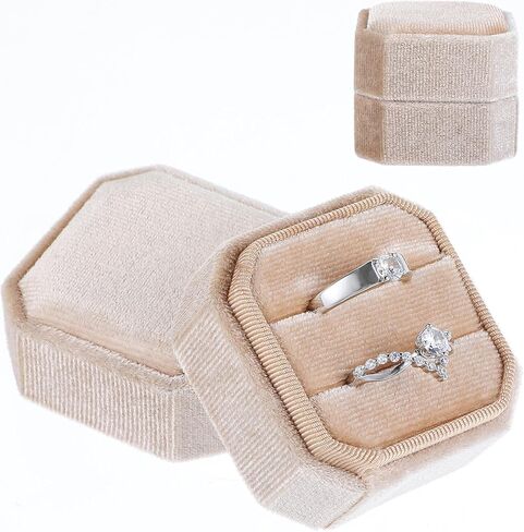 Velvet Ring Box, Octagon Ring Holder Box with 2 Slot Velvet Jewelry Ring Box Storage with Detachable Lid for Proposal Engagement Wedding Ceremony (Beige) in Saudi Arabia