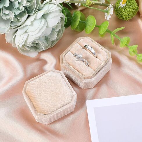 Velvet Ring Box, Octagon Ring Holder Box with 2 Slot Velvet Jewelry Ring Box Storage with Detachable Lid for Proposal Engagement Wedding Ceremony (Beige) in Saudi Arabia
