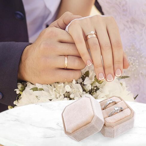 Velvet Ring Box, Octagon Ring Holder Box with 2 Slot Velvet Jewelry Ring Box Storage with Detachable Lid for Proposal Engagement Wedding Ceremony (Beige) in Saudi Arabia