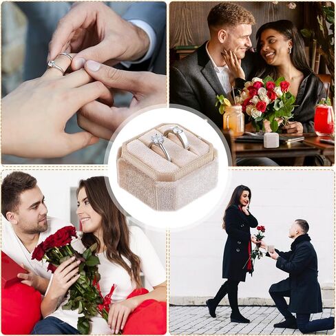 Velvet Ring Box, Octagon Ring Holder Box with 2 Slot Velvet Jewelry Ring Box Storage with Detachable Lid for Proposal Engagement Wedding Ceremony (Beige) in Saudi Arabia