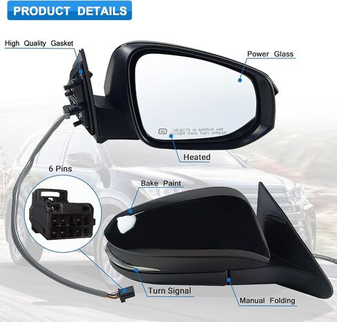 Right Passenger Side Mirror Assembly Fits 2014-2019 Toyota Highlander With Power Glass Heated Turn Signal and Blind Spot without Puddle lights Match Black Replace TO1321361(7Pins) in Kuwait